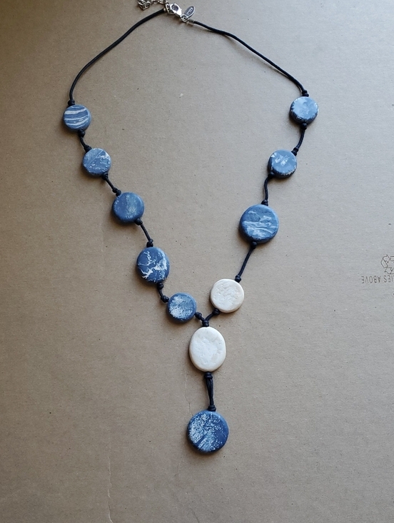 Chico's Jewelry - Handmade Navy Blue and Cream Disc Pendant Necklace